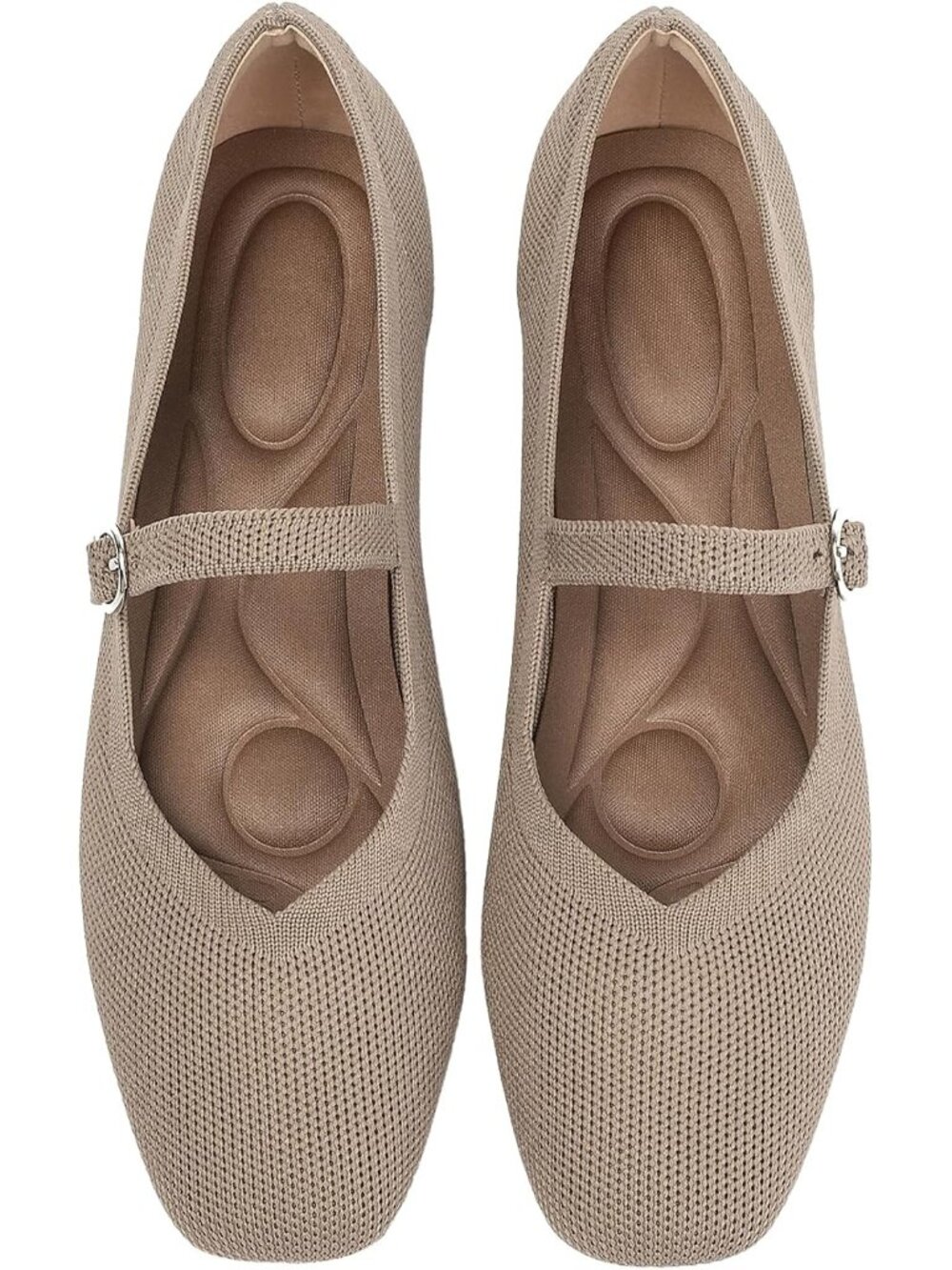 🆕Women's Khaki Knit Mary Jane Ballet Flats Square Toe Comfort Dressy Shoes